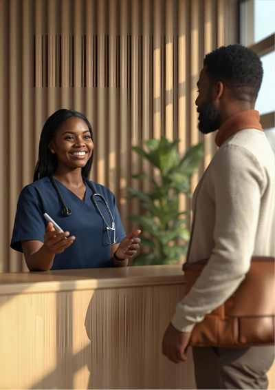 Happy couple communicating with the receptionist at the front desk of a modern dental clinic